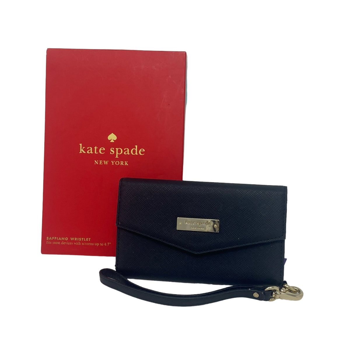 Kate Spade Black Saffiano Wristlet Wallet Gold Hardware Logo Designer Classic
