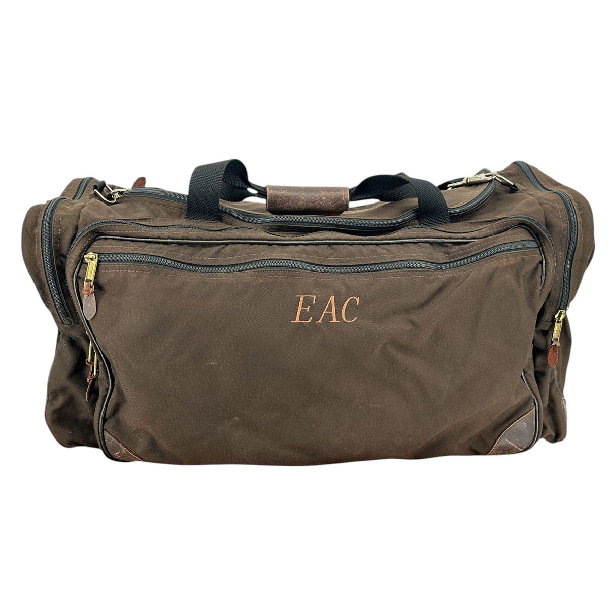 Vintage LL Bean Brown Canvas Weekend Duffel Bag Leather Accents Multiple Pockets