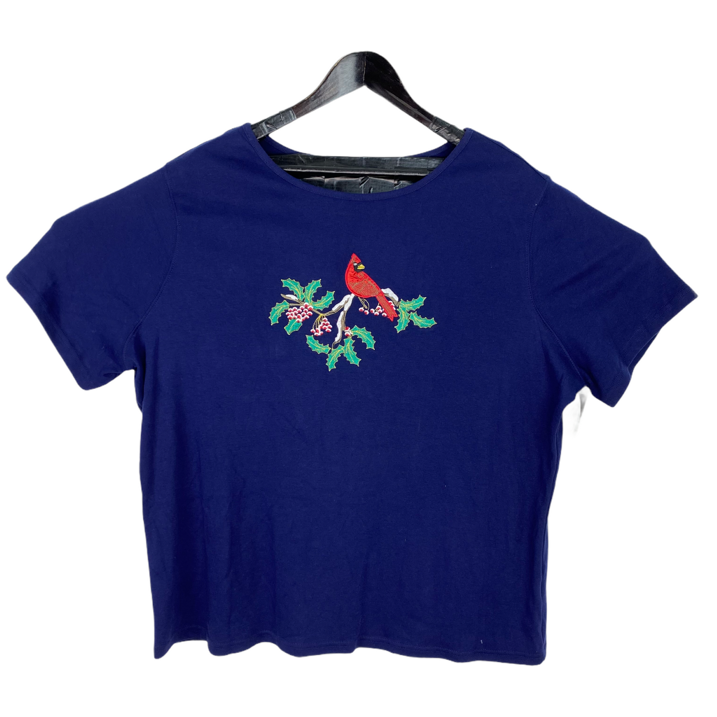 Vintage Red Cardinal Holiday TShirt Blue S/S Embroidered Basic Editions 2XL