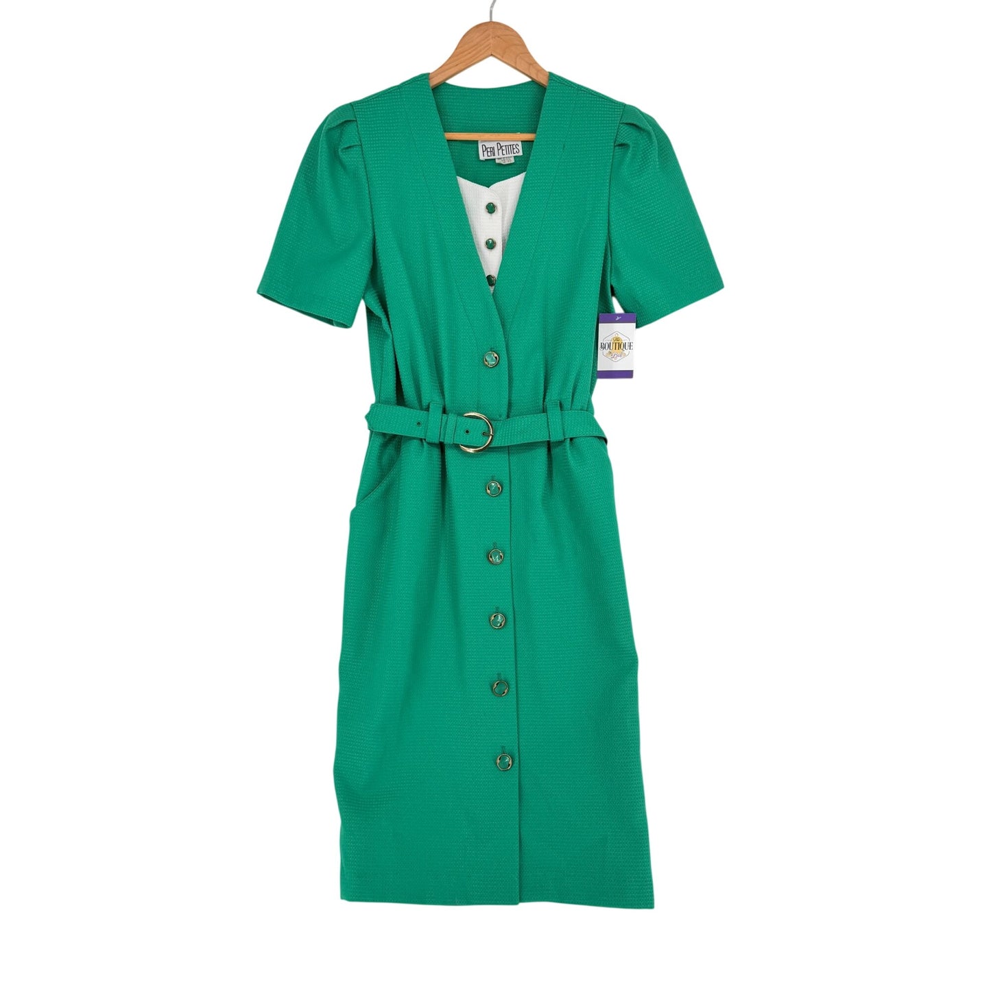 Vtg Peri Petites 80s Dress Kelly Green 14 Button Front Belted Pockets USA Office