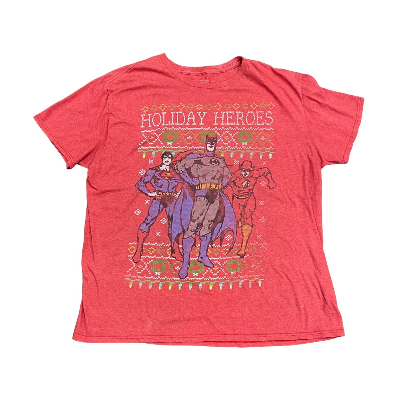 Justice League XL Heathered Red Tshirt Holiday Heroes Batman Flash Superman