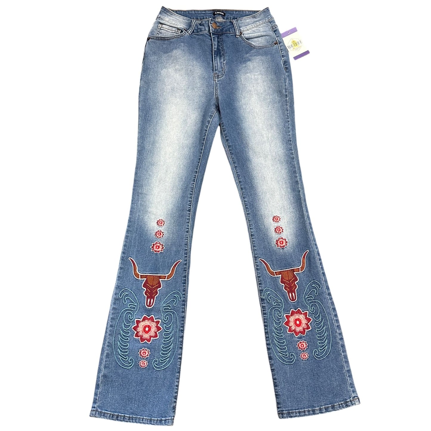 Flamingal Embroidered High Rise Flared Jeans Bull Floral Southwestern Womens S