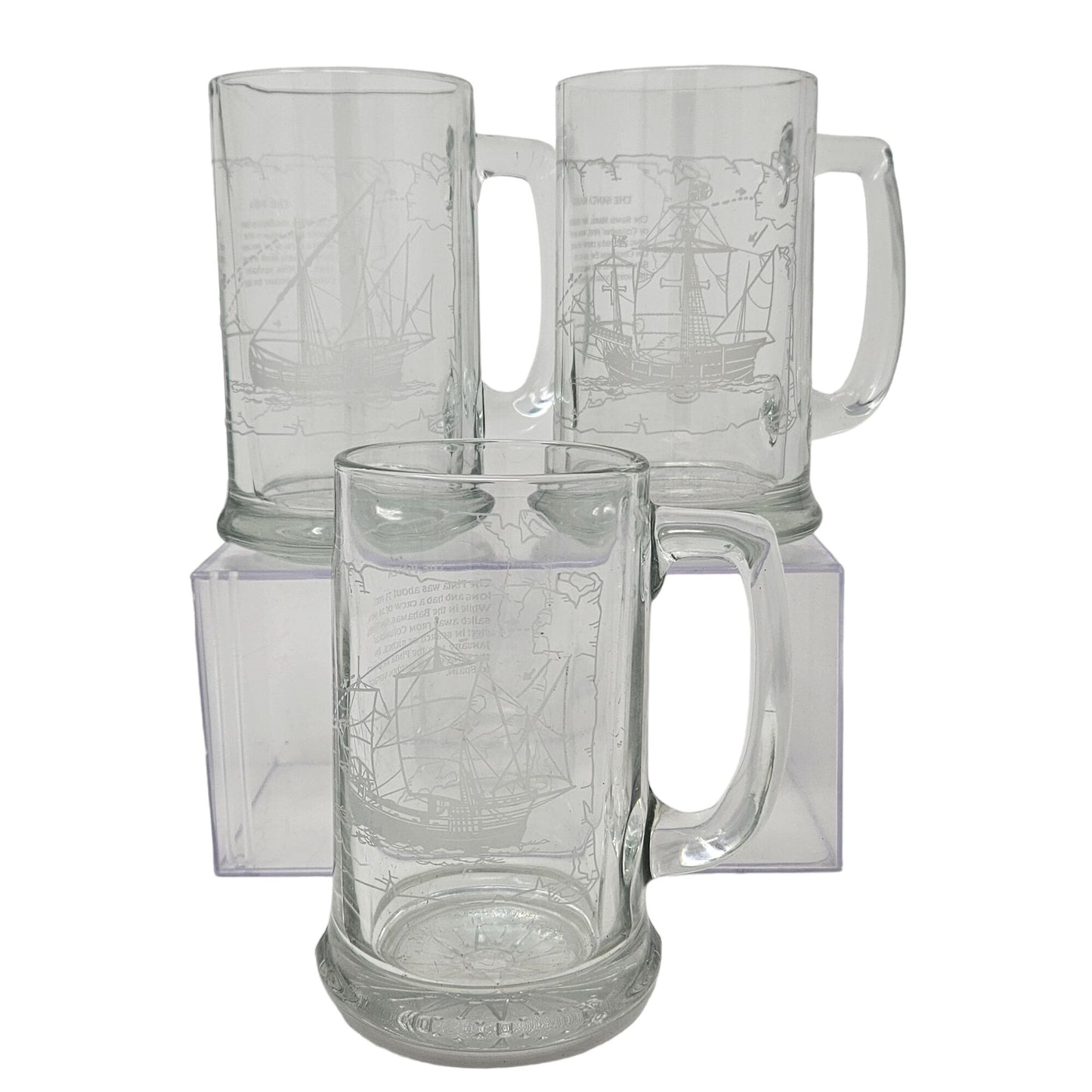 VTG Long John Silvers Columbus Voyage Nautical Sailing Ships Glass Mug Set of 3