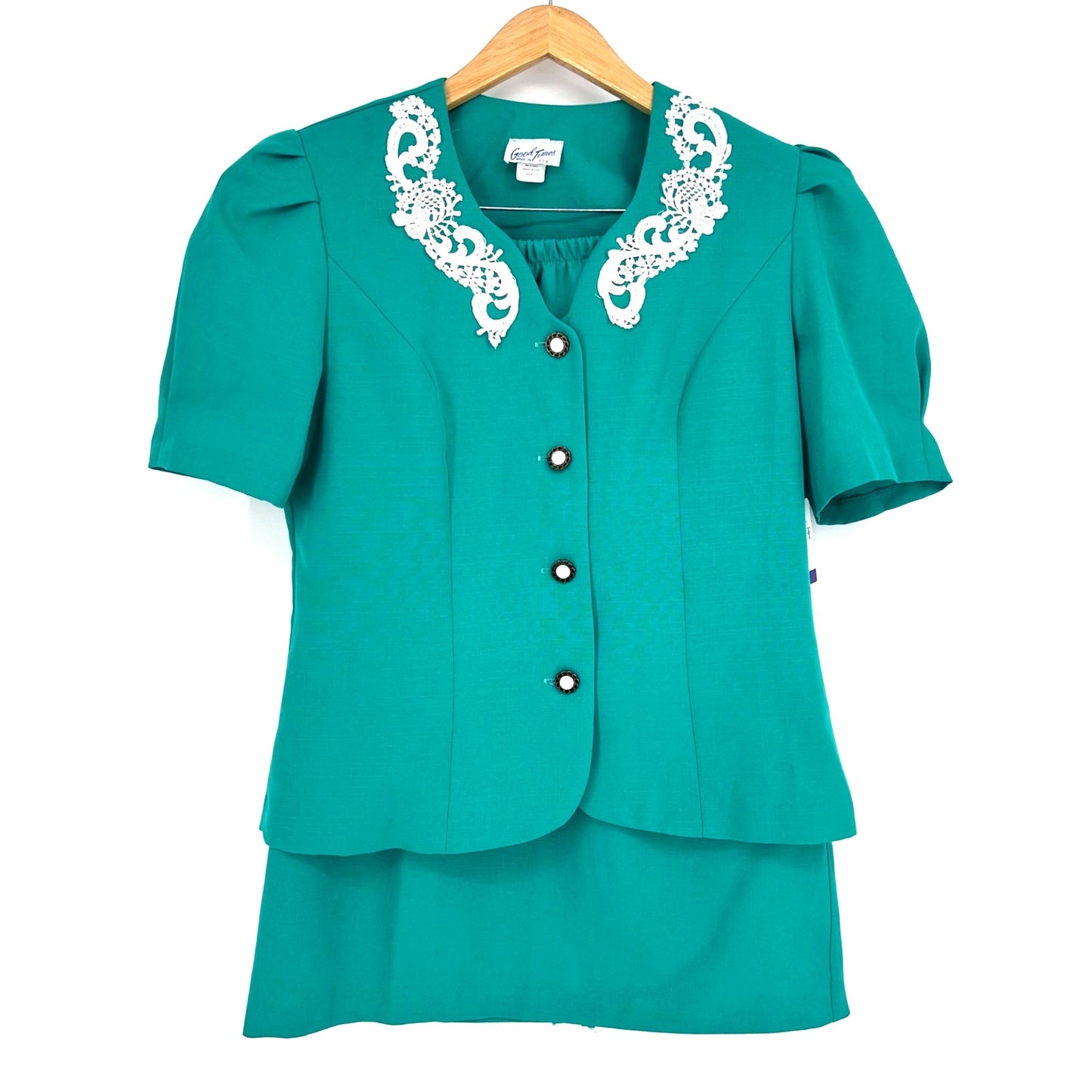 Vtg 80s Good Times 2 Piece Suit Skirt Set 12 Kelly Green Puff Sleeve Secretary