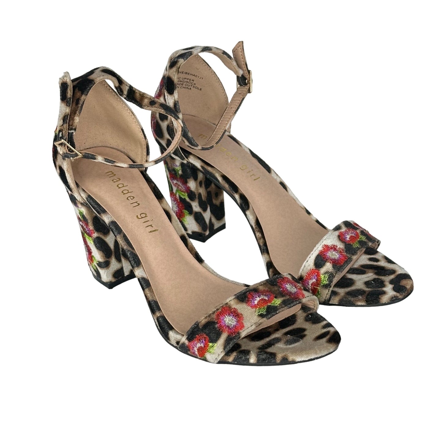 Madden Girl Behave 6.5 Floral Embroidered Velvet Animal Print Block Heel Sandals
