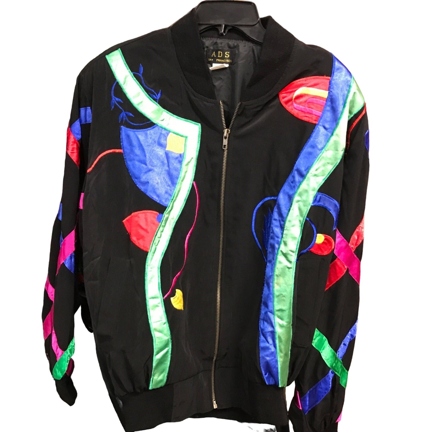 Vtg ADS San Francisco Bomber Jacket Satin Silky Full Zip 80s Picasso Ribbons XL