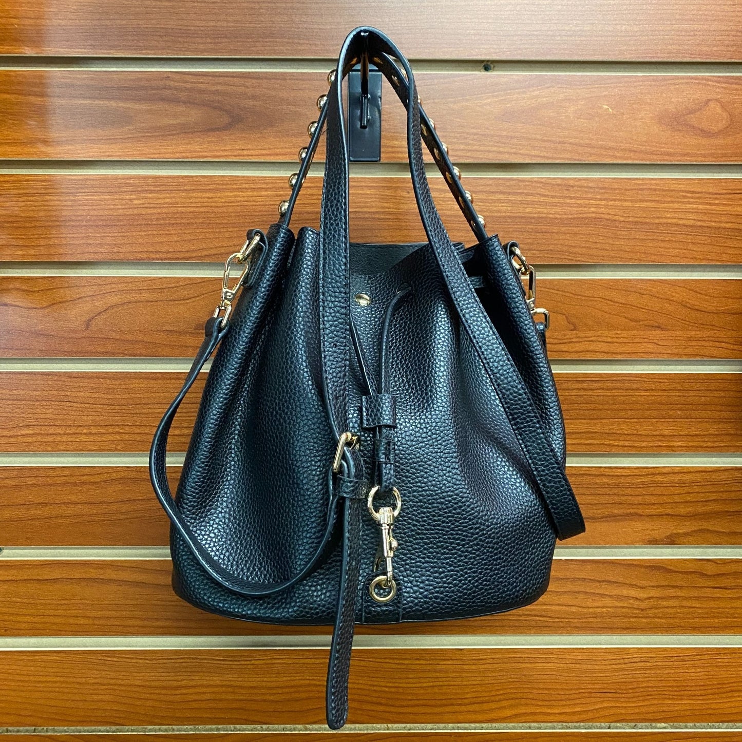 Lionel Kynna Black Bucket Bag Crossbody Drawstring Gold Studded Snap Closure