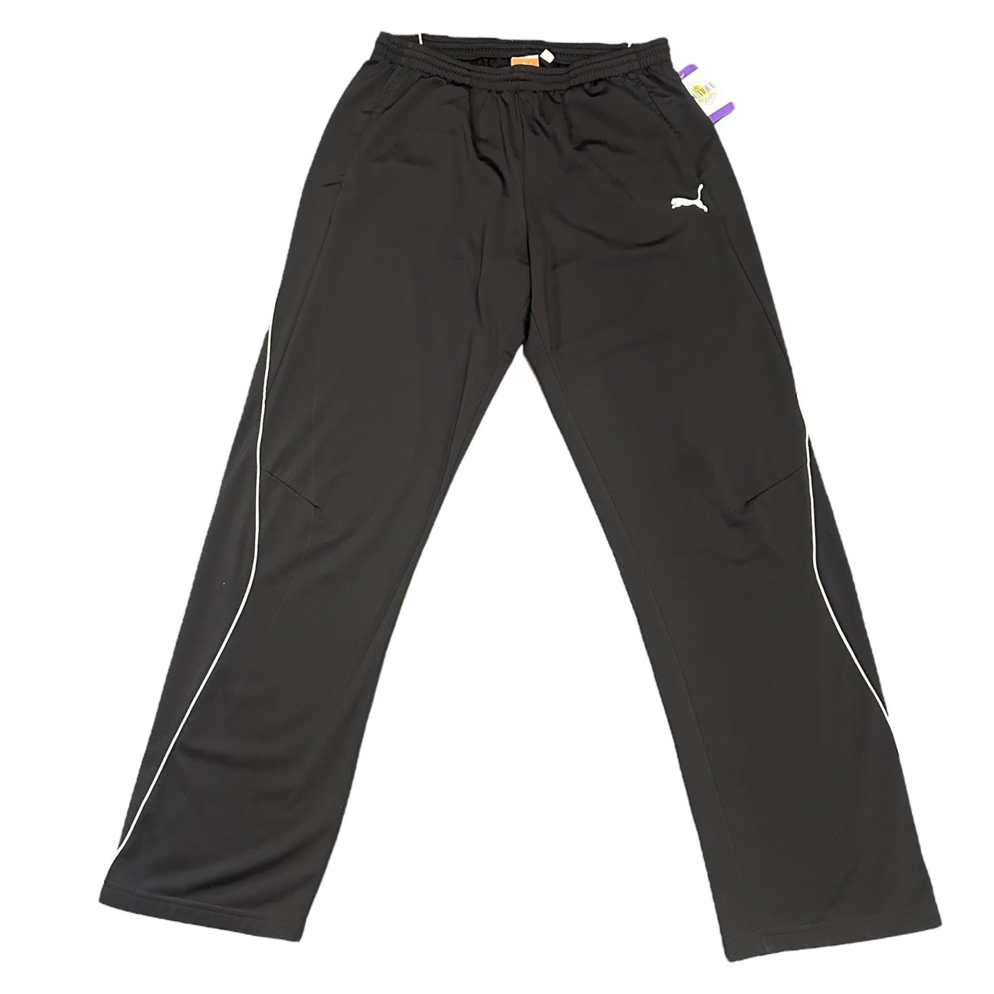 Puma Mens L Black Training Pants White Piping Elastic Waist Pockets Athleisure