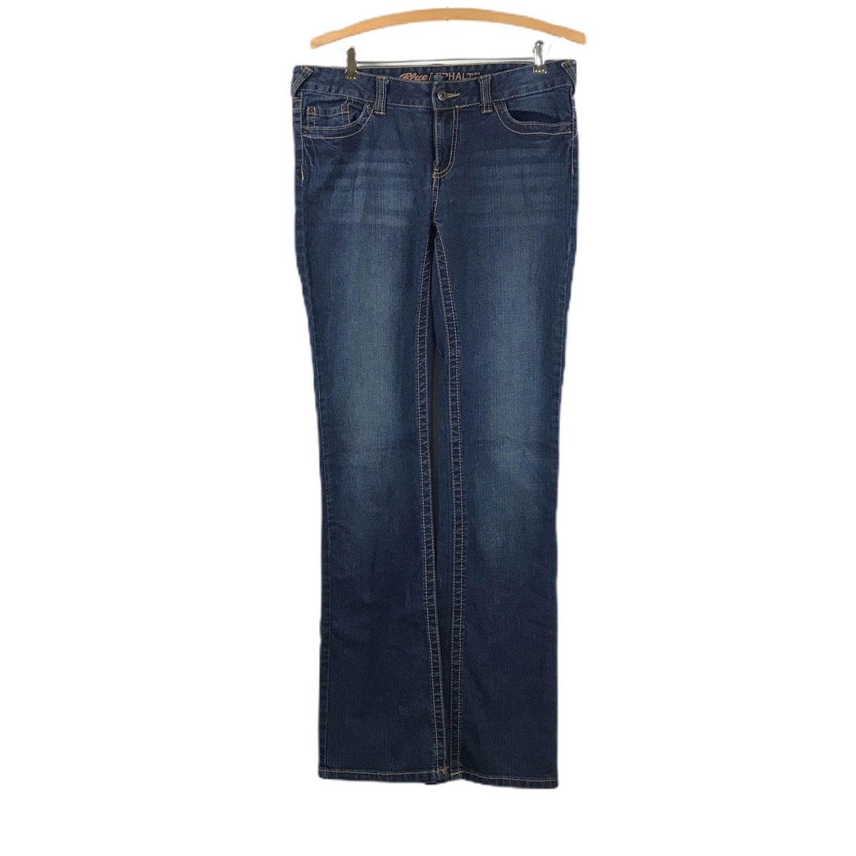 Blue Asphalt Womens 7 Long Boot Cut Blue Denim Jeans Dark Wash Flap Pockets