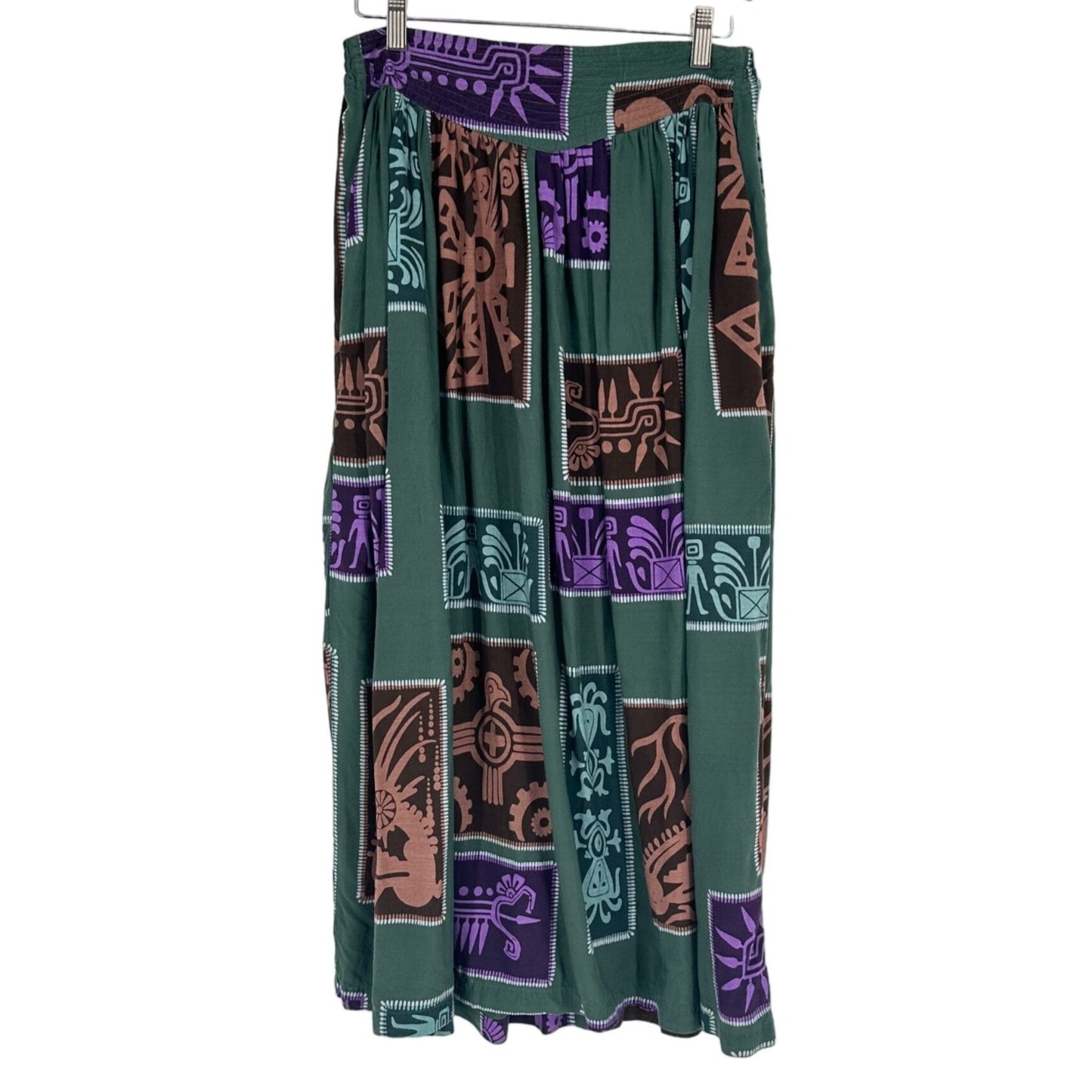 Vintage Full Length Skirt Passports L Elastic Waist Tribal Print Office Modest