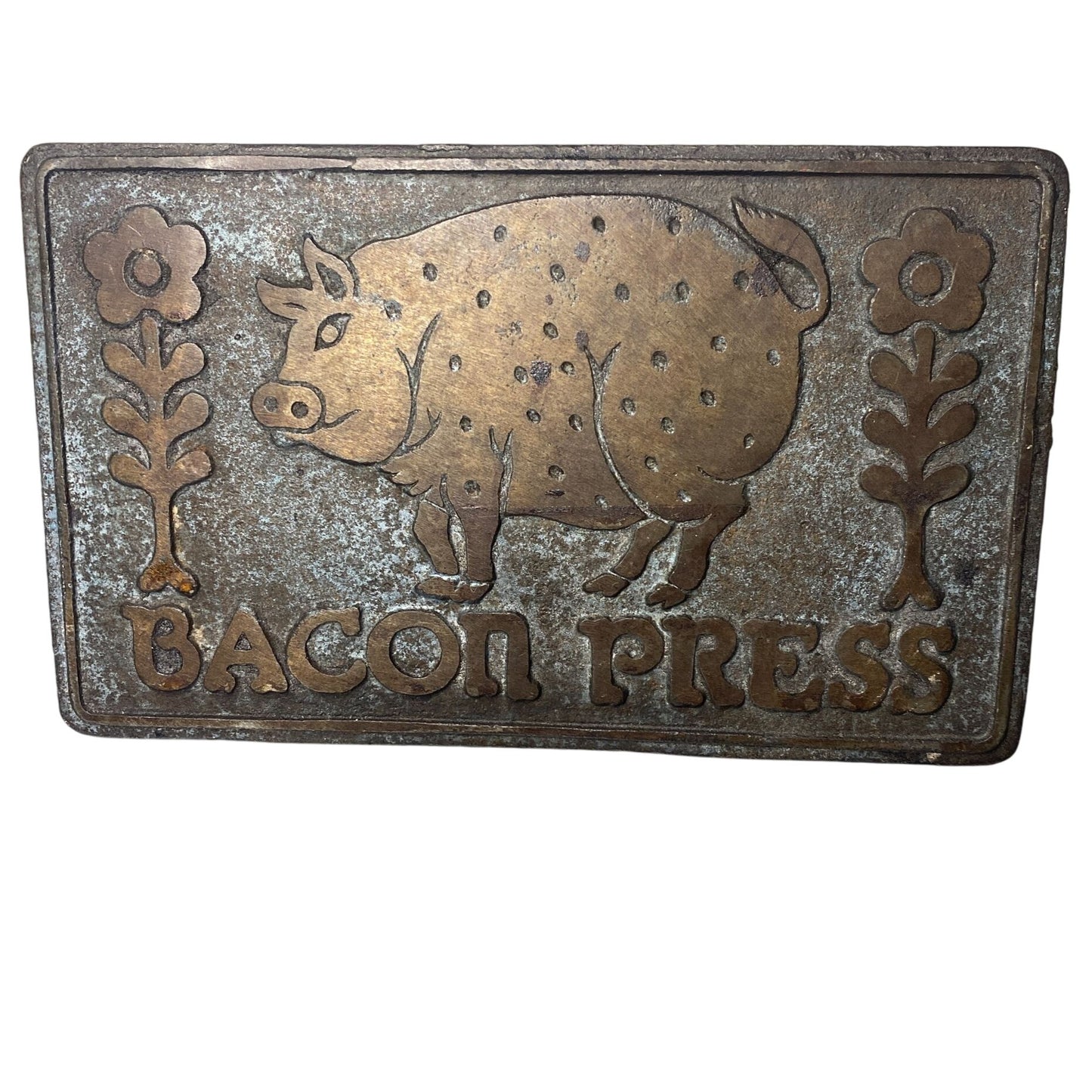 Vtg Heavy Duty Cast Iron Bacon Press Wood Handle Pig Flowers