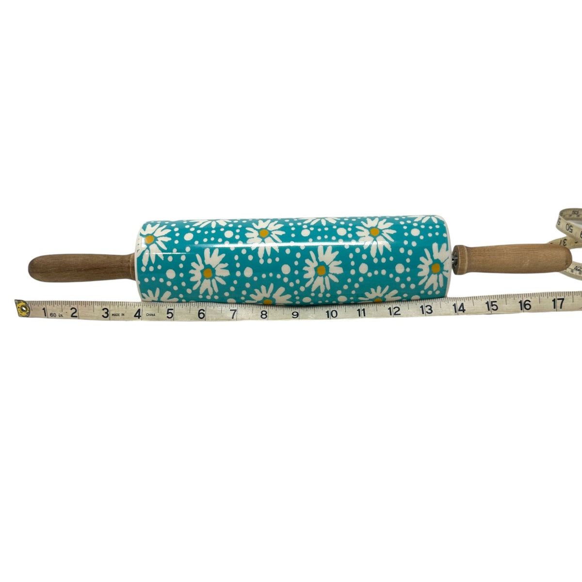 The Pioneer Woman Daisy Rolling Pin 18" Ceramic Wood Handles Floral Teal White