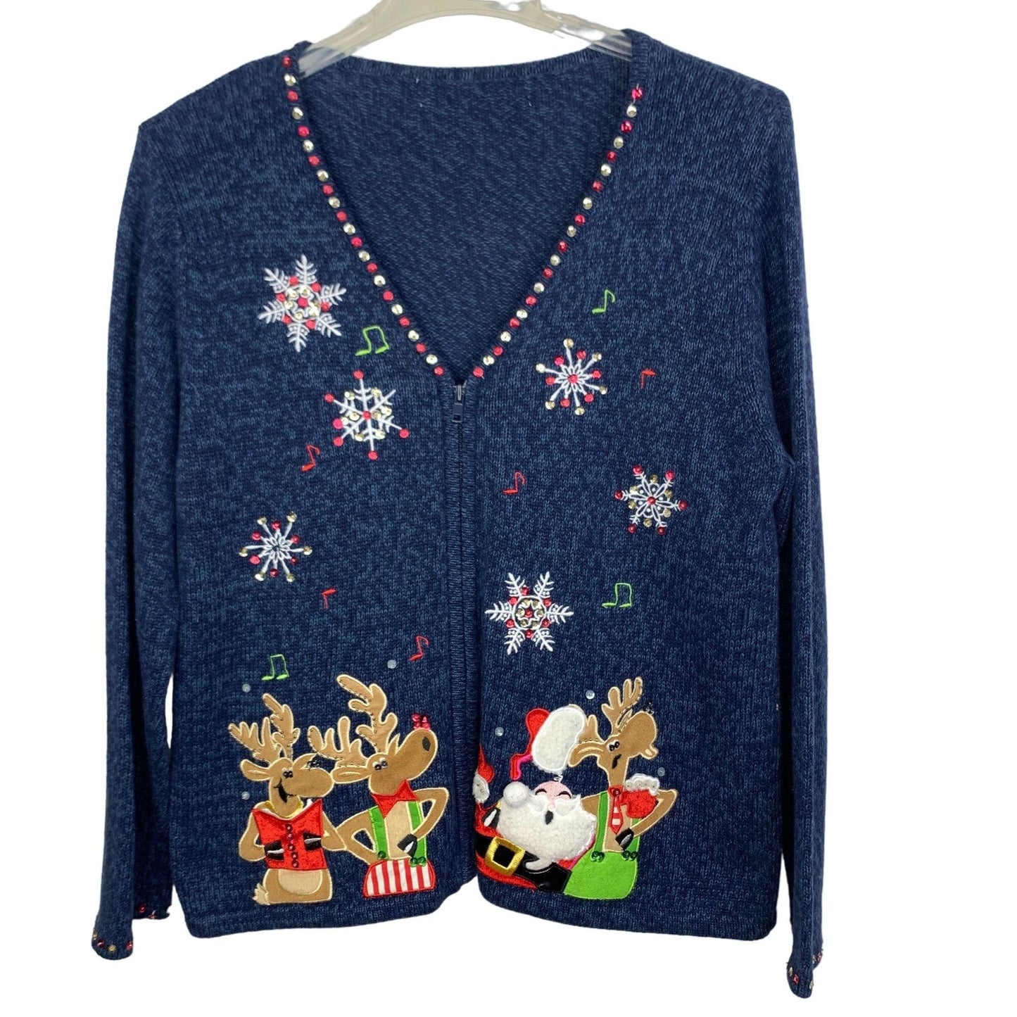 Xmas Cardigan Sweater L Navy Applique Santa Reindeer Full Zip Cozy Holiday Style