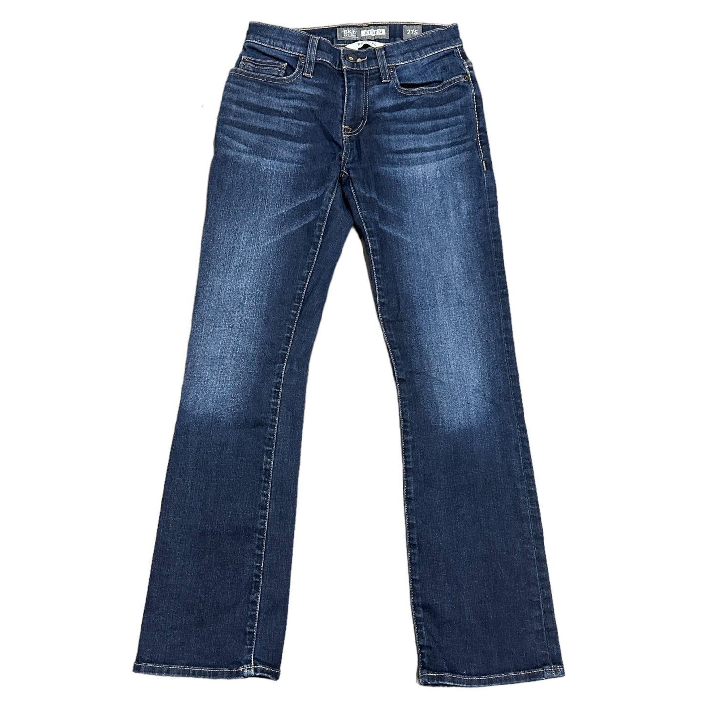 BKE Aiden Womens 27S Bootleg Jeans Blue Dark Wash Stretch Distressed Whiskered