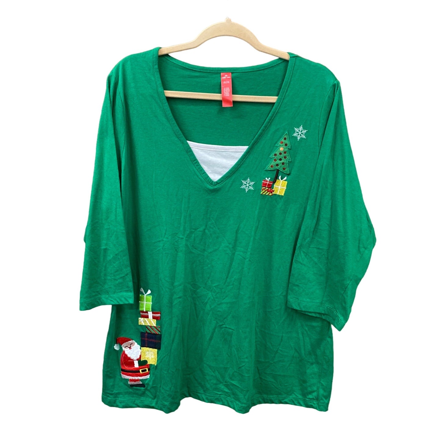 Christmas Tshirt 2XL 18/20 Green Embroidered Santa Casual Holiday Novelty Kitsch