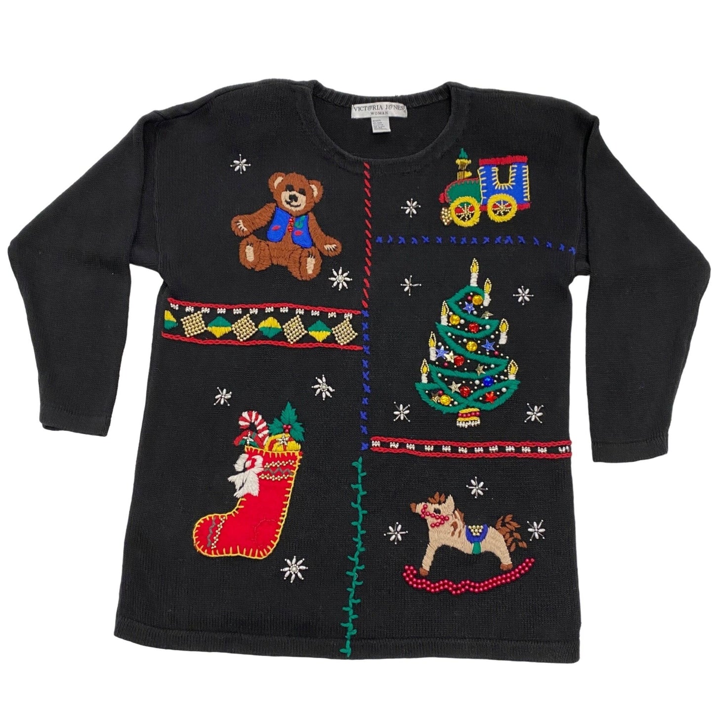 Womens Vtg Christmas Sweater Victoria Jones 3XL Black Holiday Novelty Festive