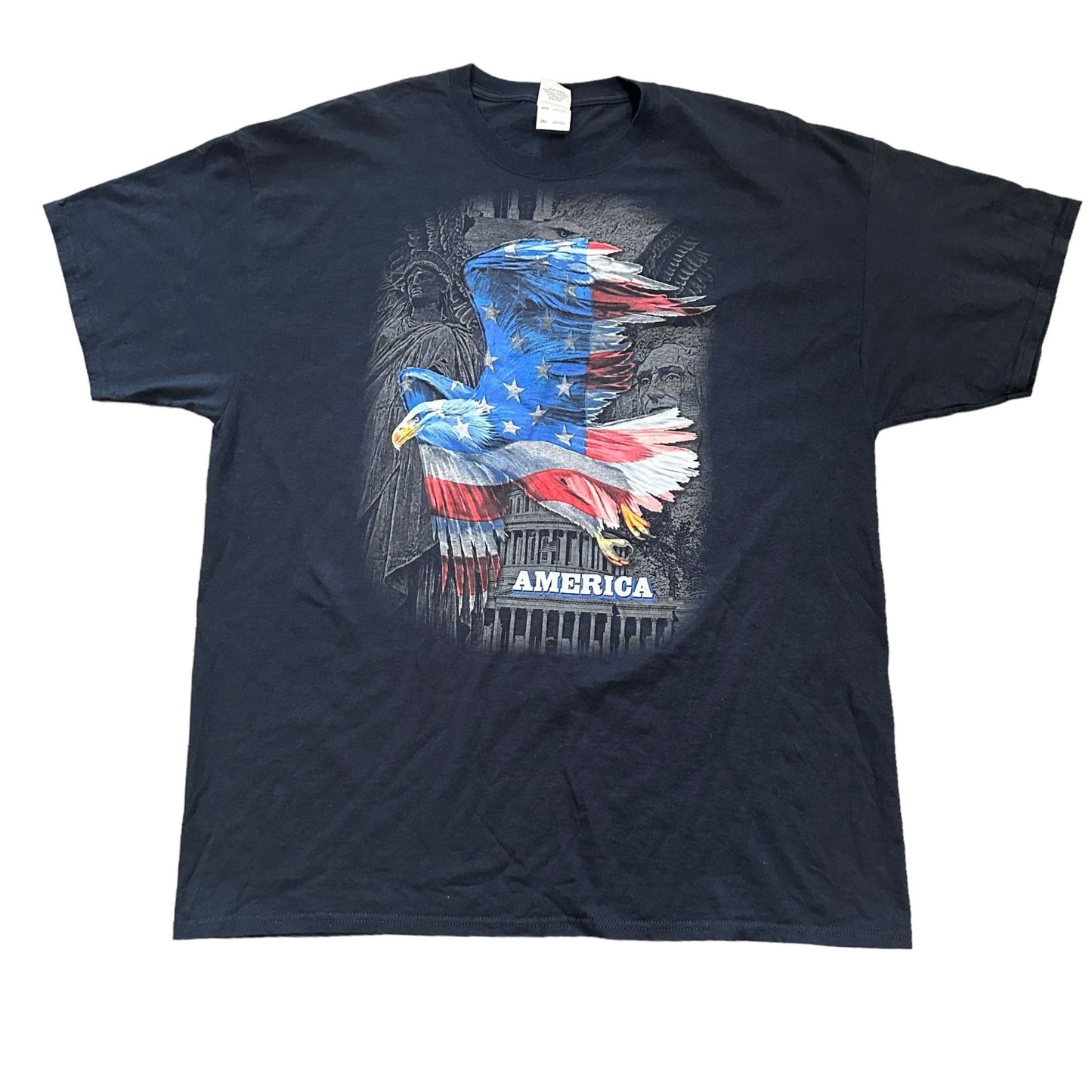 Vtg Patriotic TShirt America Soaring Eagle 2X Black Flag Liberty Founding Father
