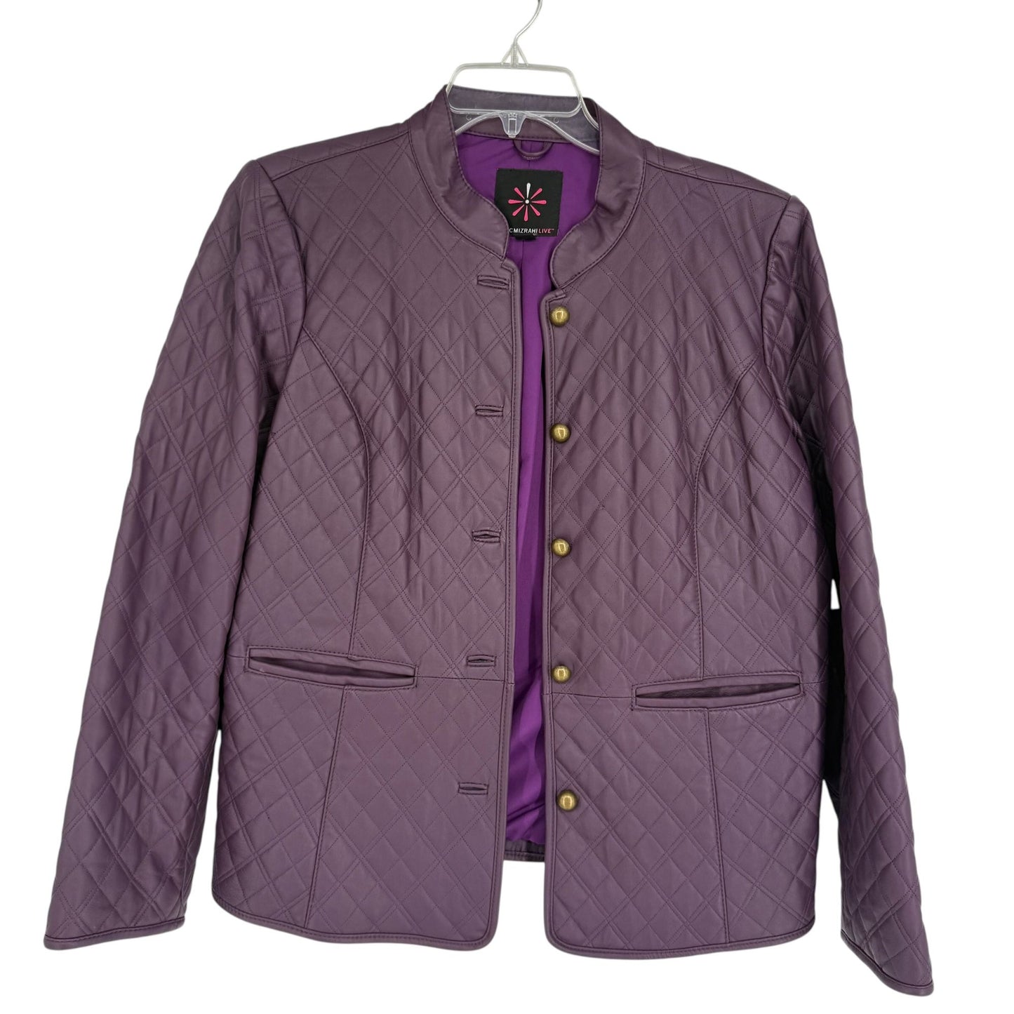 Isaac Mizrahi Live Womens XL Purple Leather Quilted Jacket Front Button Lined