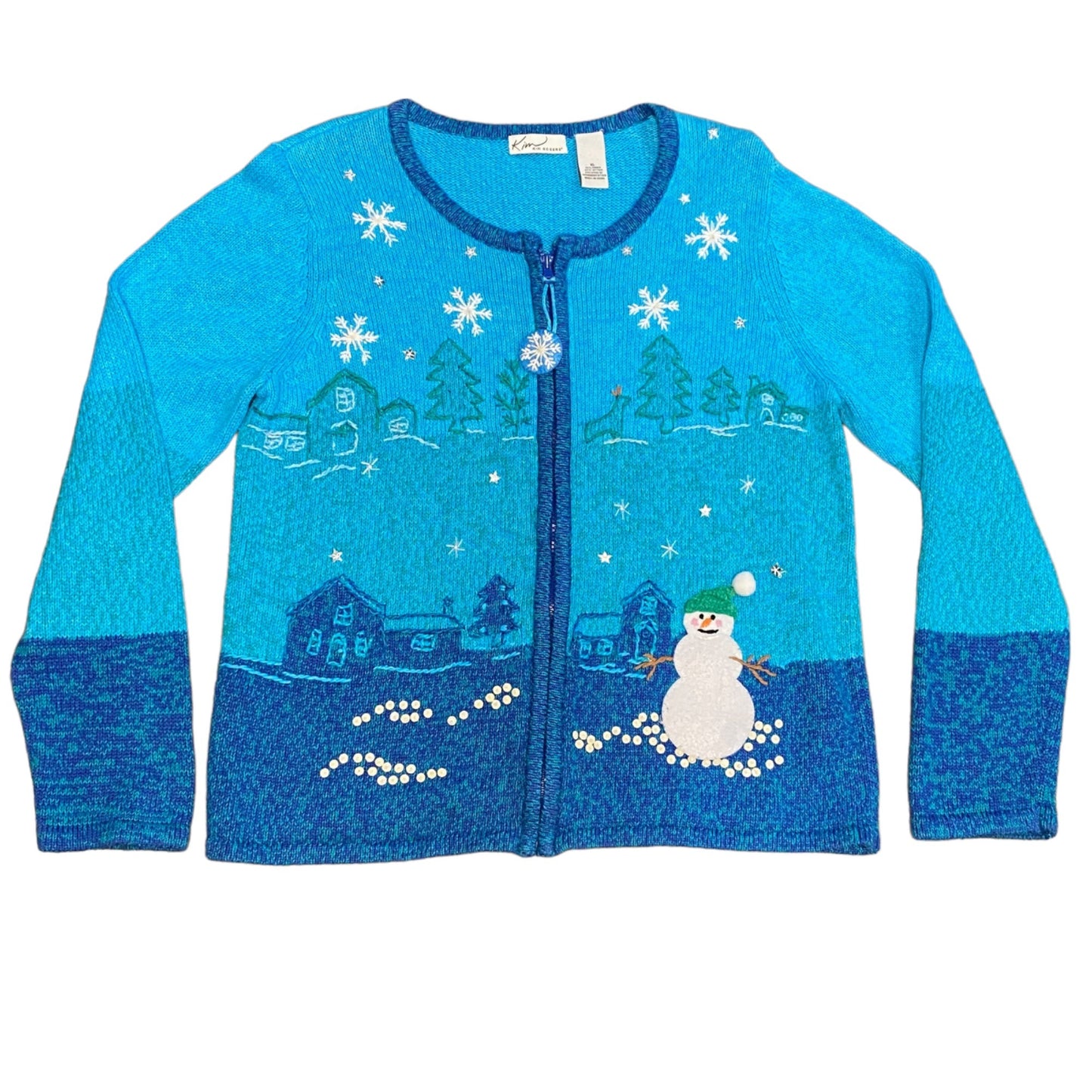 Snowman Christmas Sweater Kim Rogers XL Zip Front Maximalist Grandmacore Quirky