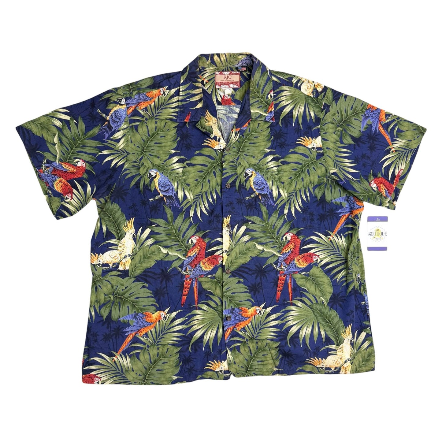 Vtg RJC Hawaiian Aloha Shirt 2XL Parrot Tropical Short Sleeve Hawaii USA Made