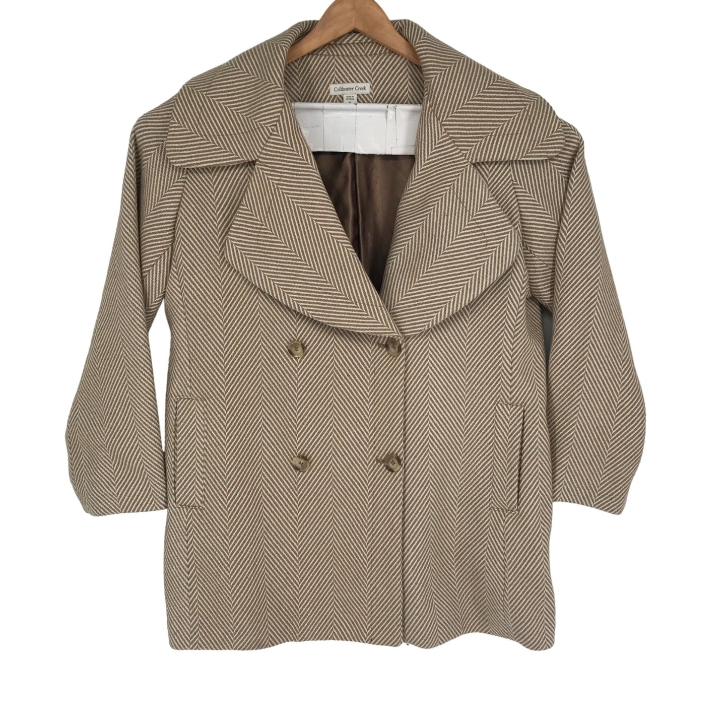 Coldwater Creek Pea Coat Womens XL Tan Double Breasted Front Button Pockets