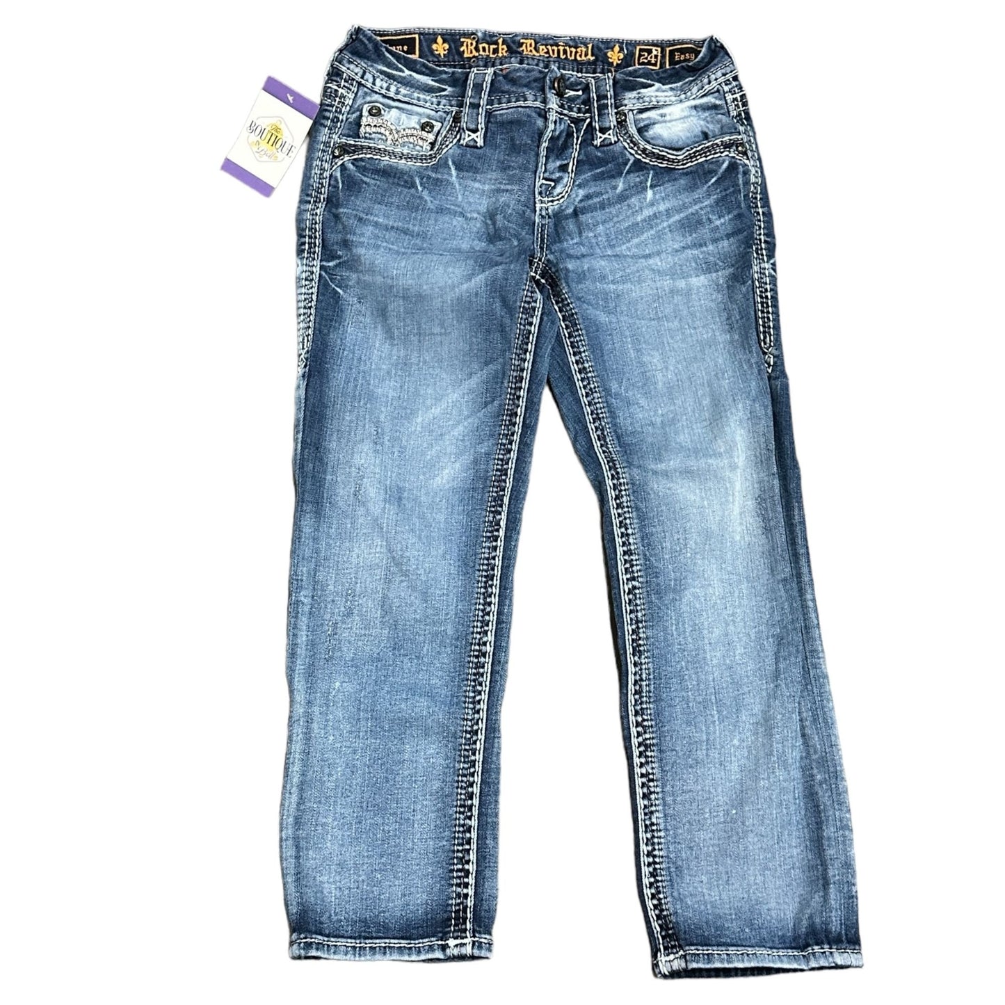 Rock Revival Linne Easy Capri 24 Jeans Swarovski Leather Insert Faux Flap Pocket