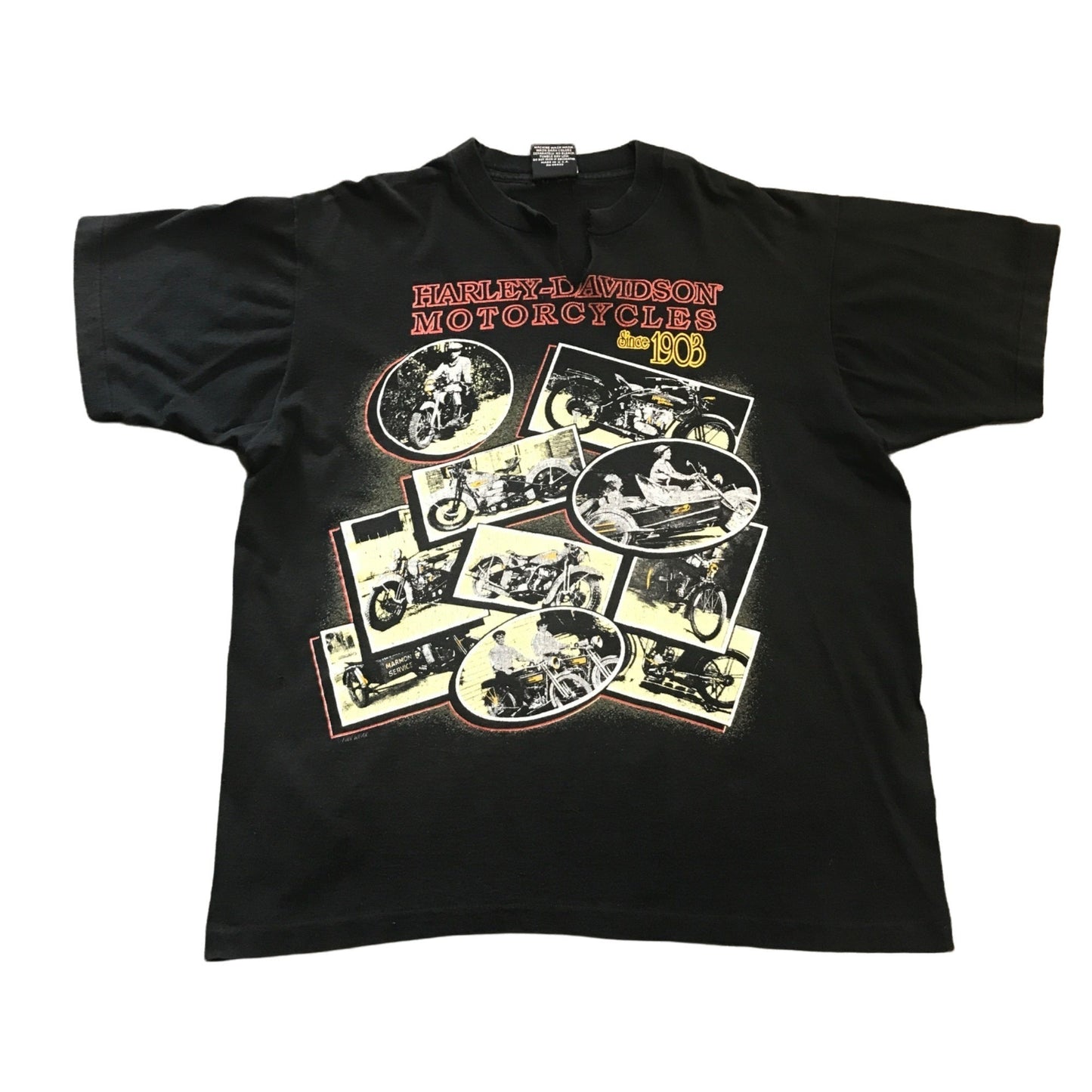 Vintage XL Black Harley Davidson Motorcycles Photos Est 1908 Tshirt Notched Neck
