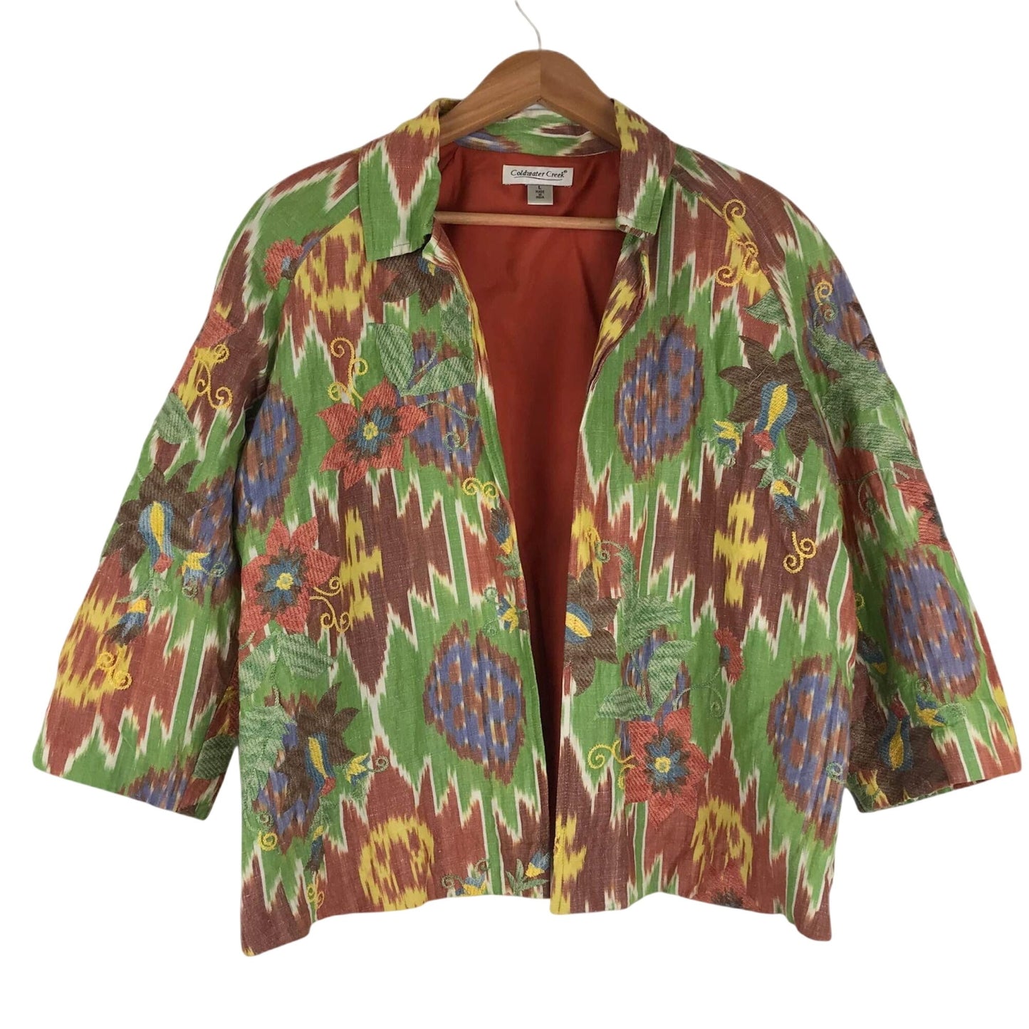 Coldwater Creek Multicolor Aztec Embroidered Open Jacket L Linen Blend