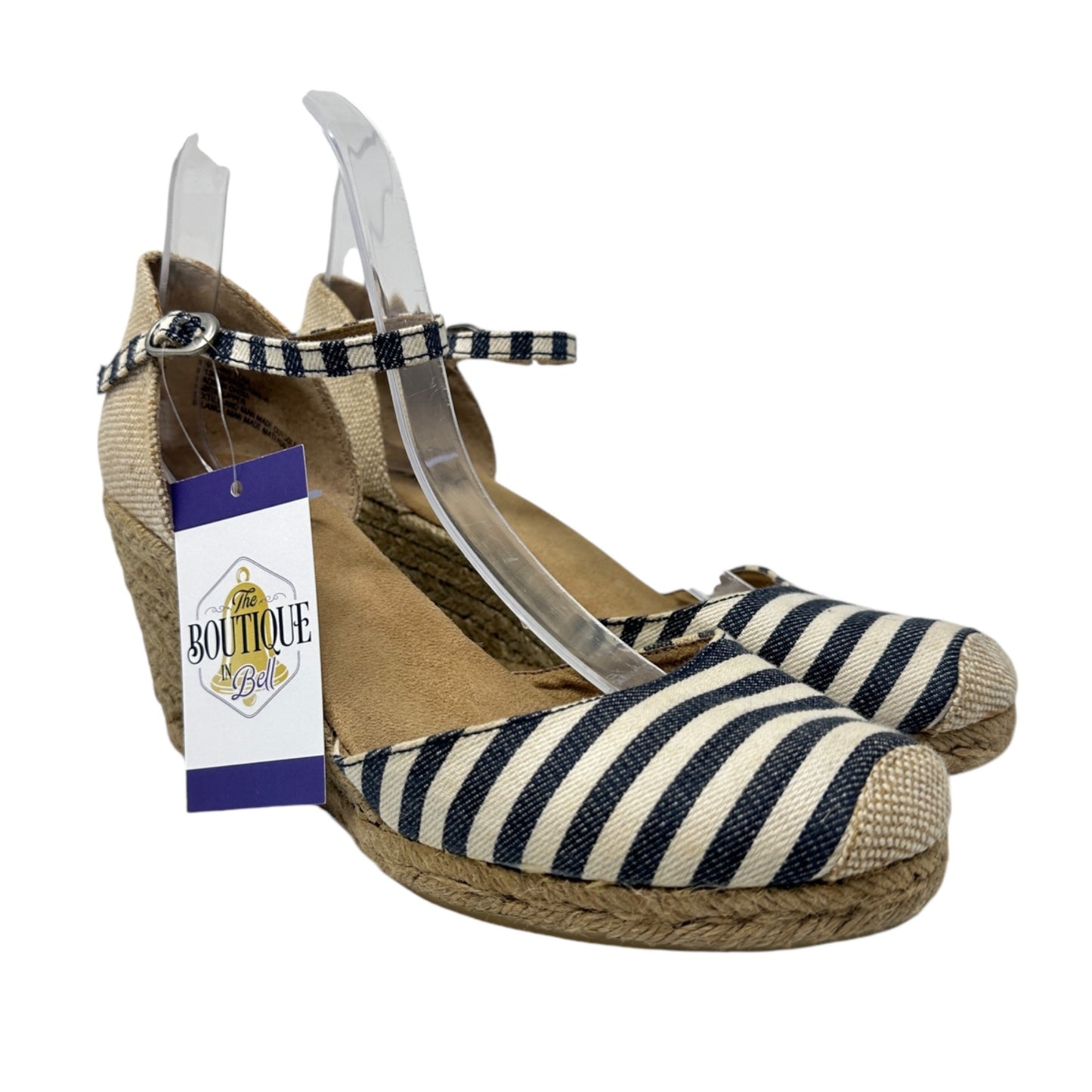 Bass 10 Emelia Black White Striped Wedge Espadrilles Slingback Summer Heels
