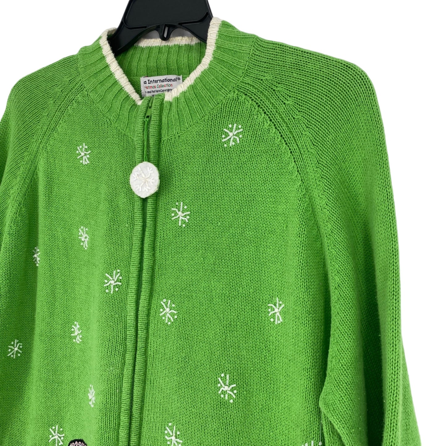 Tiara International Xmas Sweater 26/28 Green Zip Front Snowmen Cozy Holiday Wear