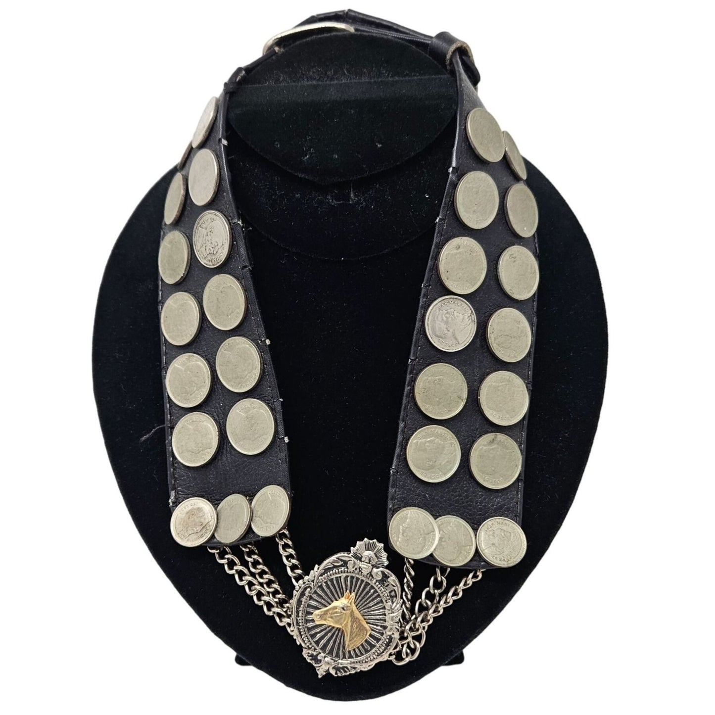 Vtg Argentine Coin Leather Collar Horse Medallion Necklace Equestrian Western