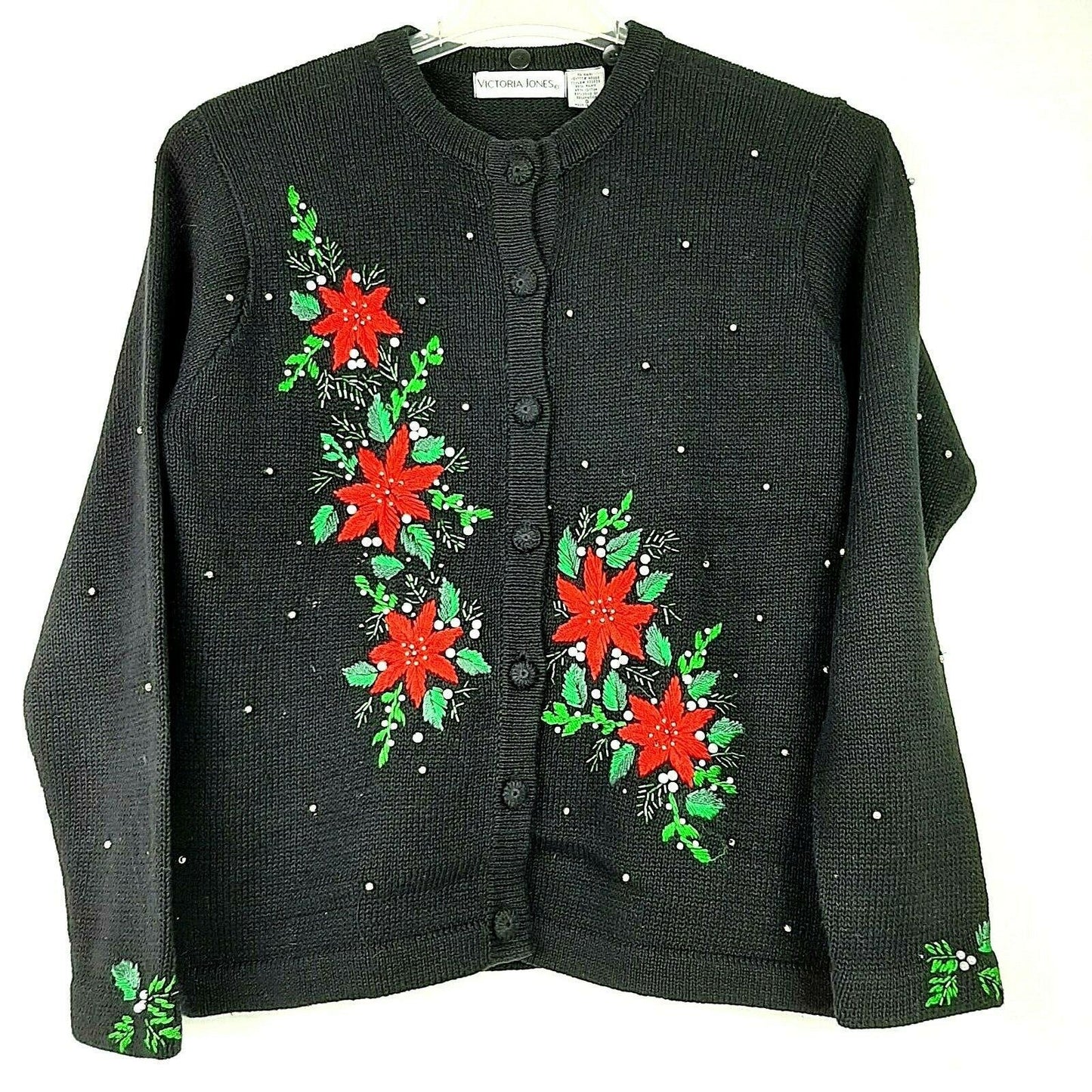 Vtg Victoria Jones Christmas Cardigan Sweater Small Black Poinsettia Holiday