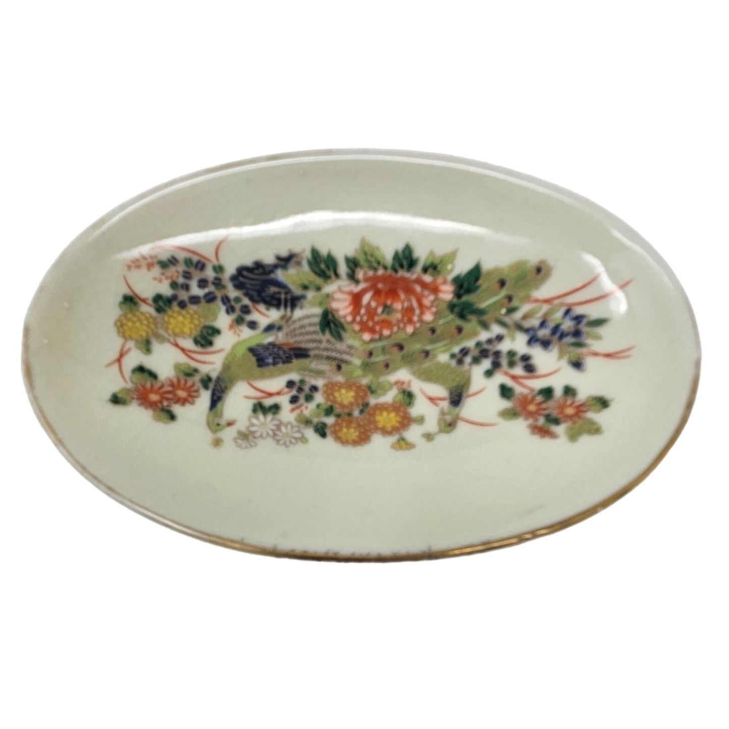 Vtg Pedestal Bowl Peacock Floral Japanese Hand Painted Ceramic Key Candy Dish
