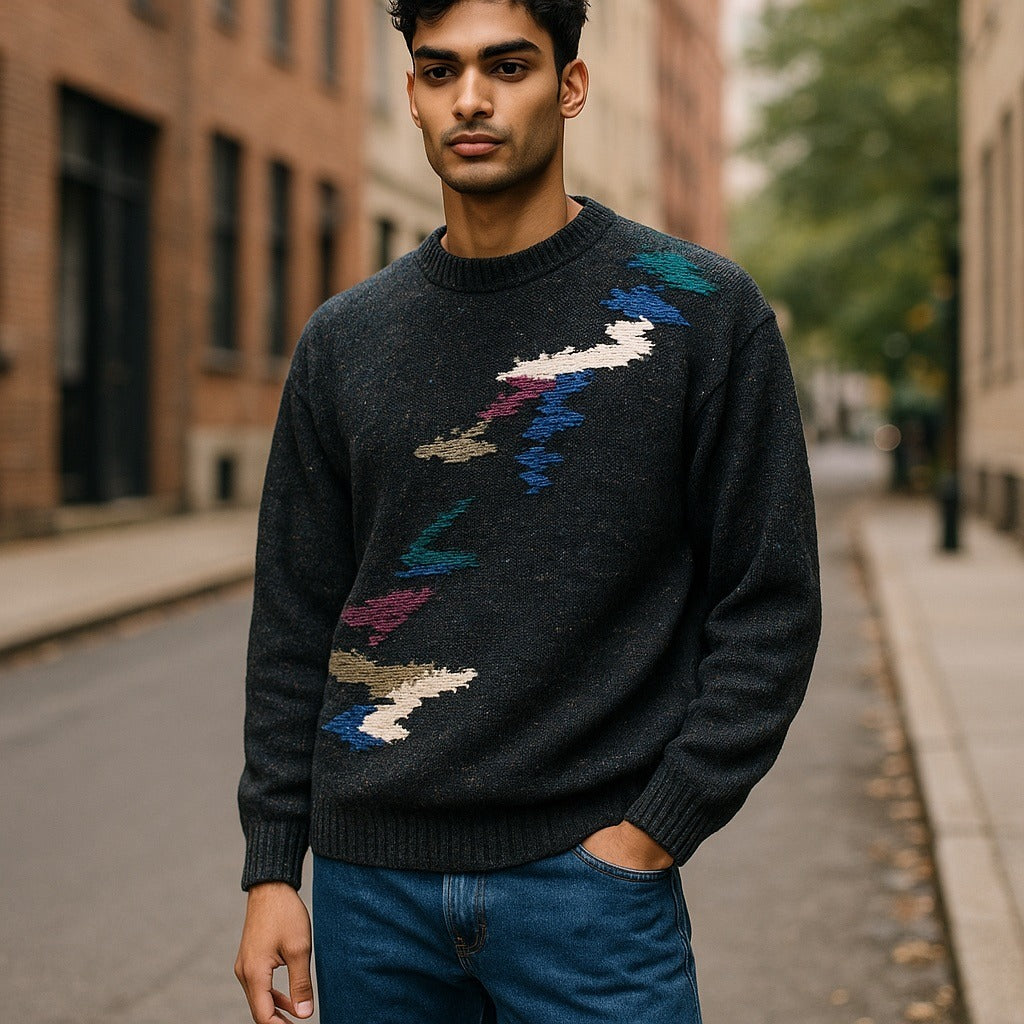 Mens Vtg Pullover Sweater Index 80s Chunky Knit Gray Abstract Oversized Medium