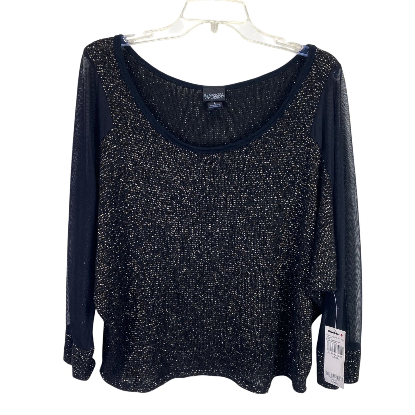 NWT Daytrip Womens L Wide Neck Top Black Metallic Gold Tinsel 3/4 Sheer Sleeves