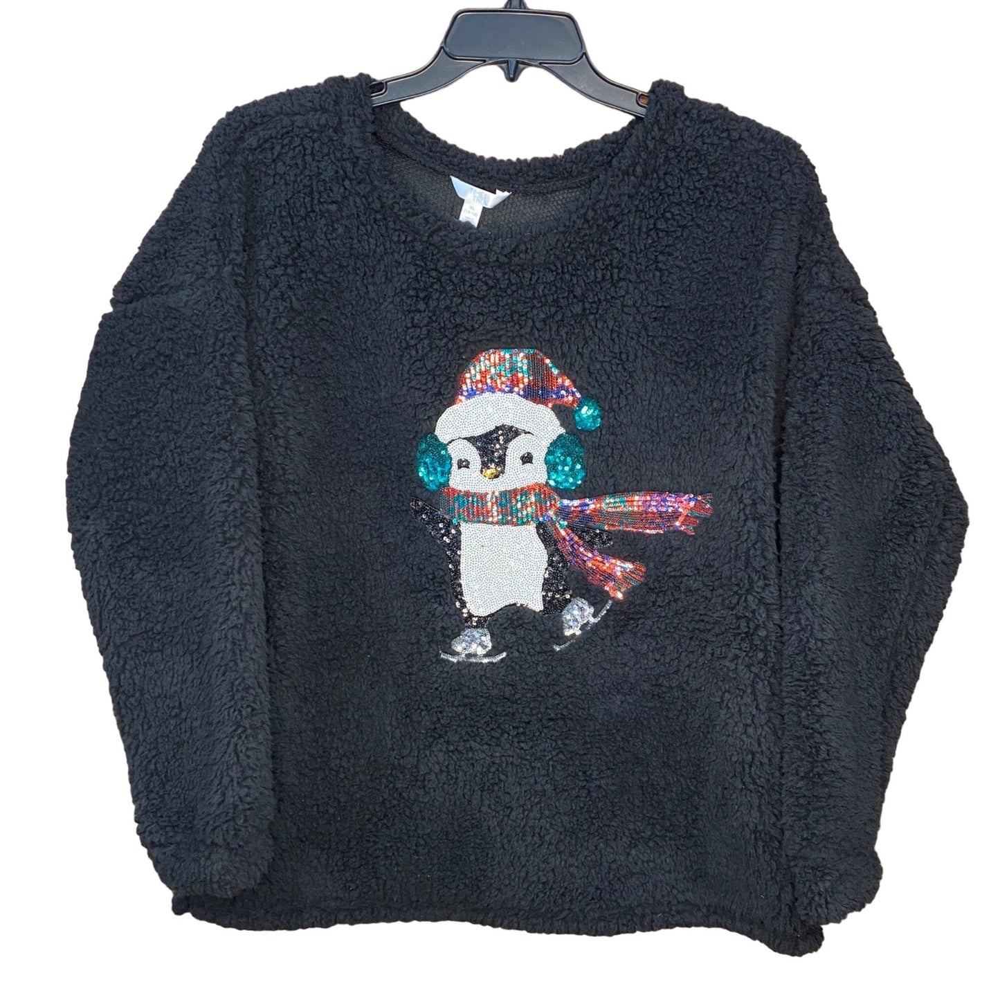 Sherpa Teddy Fleece Sweatshirt Penguin Sequin Black Cozy Winter Wear Holiday XL