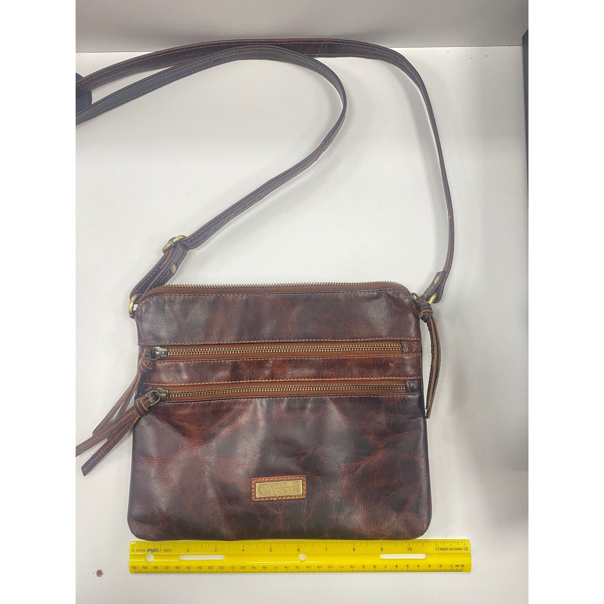 Valenchi Distressed Brown Leather Triple Zip Crossbody Purse