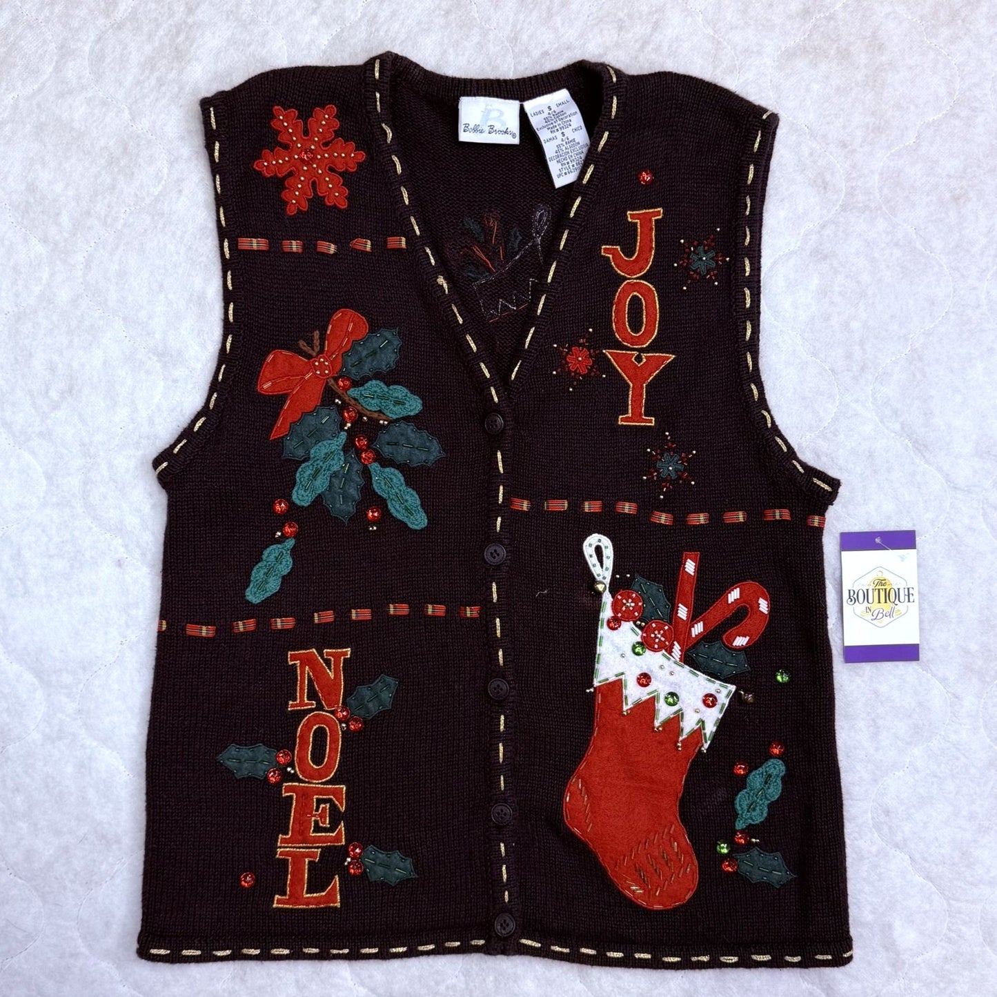 Bobbie Brooks Womens S Christmas Sweater Vest Black Festive Embroidered Beaded