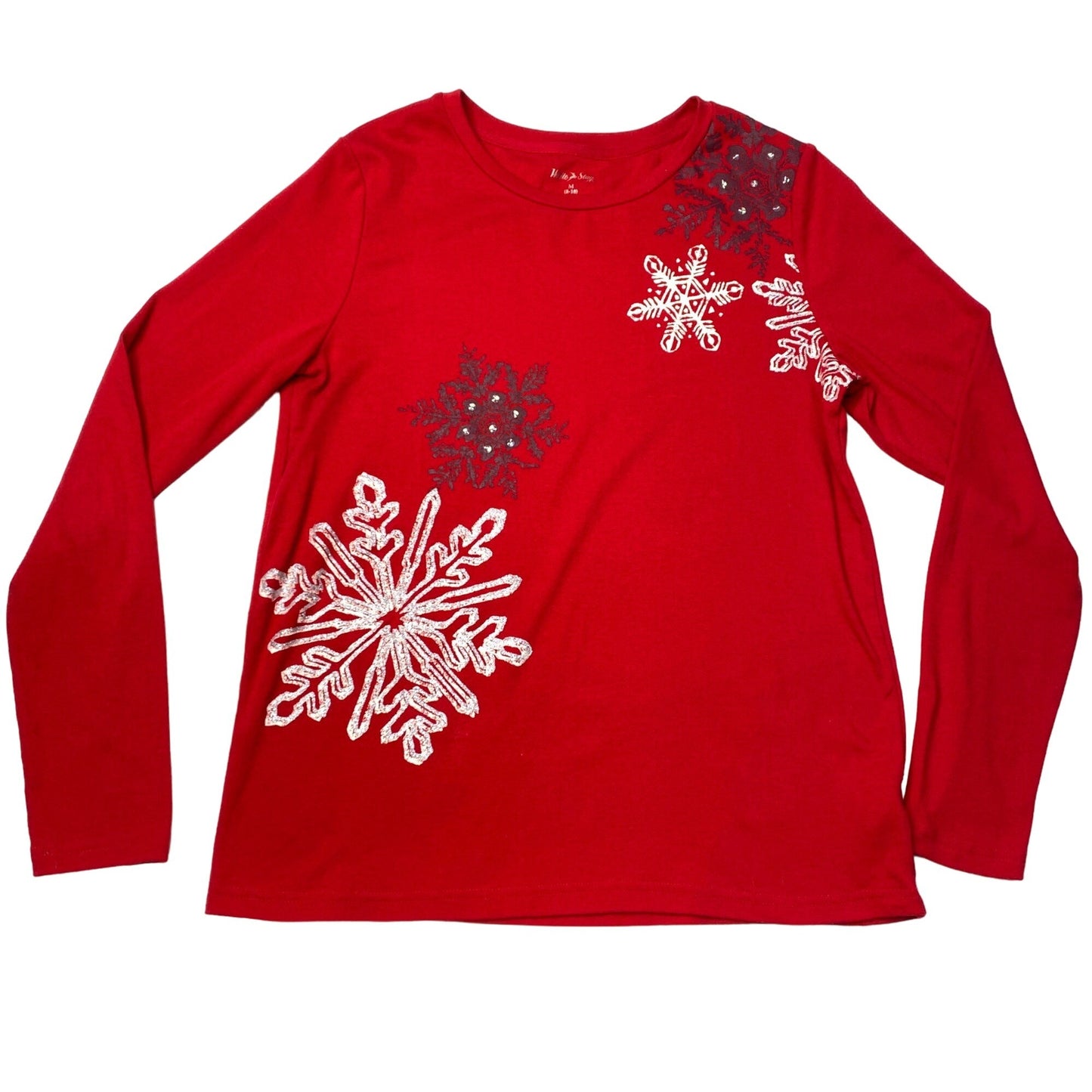 Christmas Novelty Shirt M Red Silver Snowflake Bejeweled Cozy Glam Holidaycore