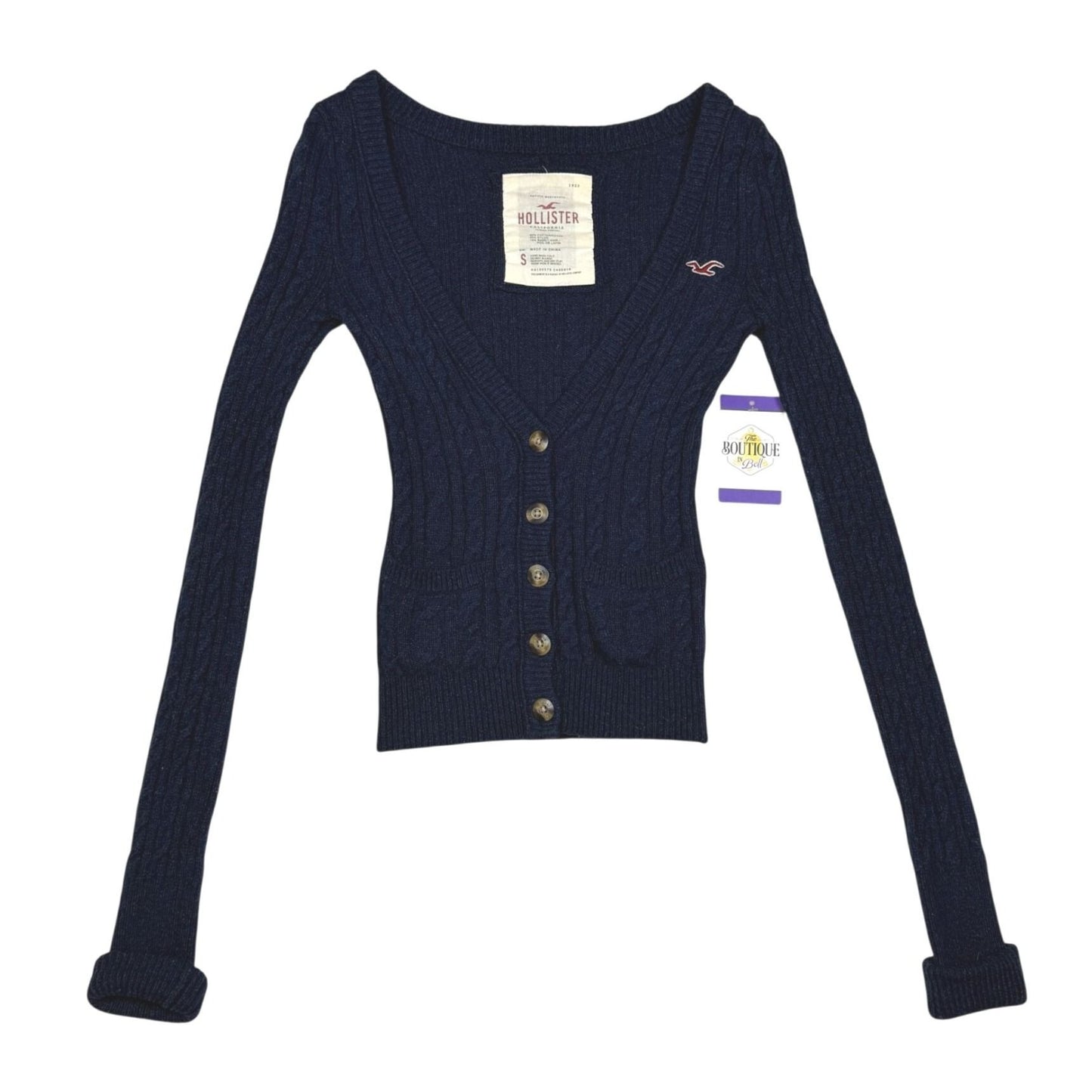 Vtg Hollister Womens S Navy Cable Knit Cardigan Sweater Rabbit Hair Blend Preppy