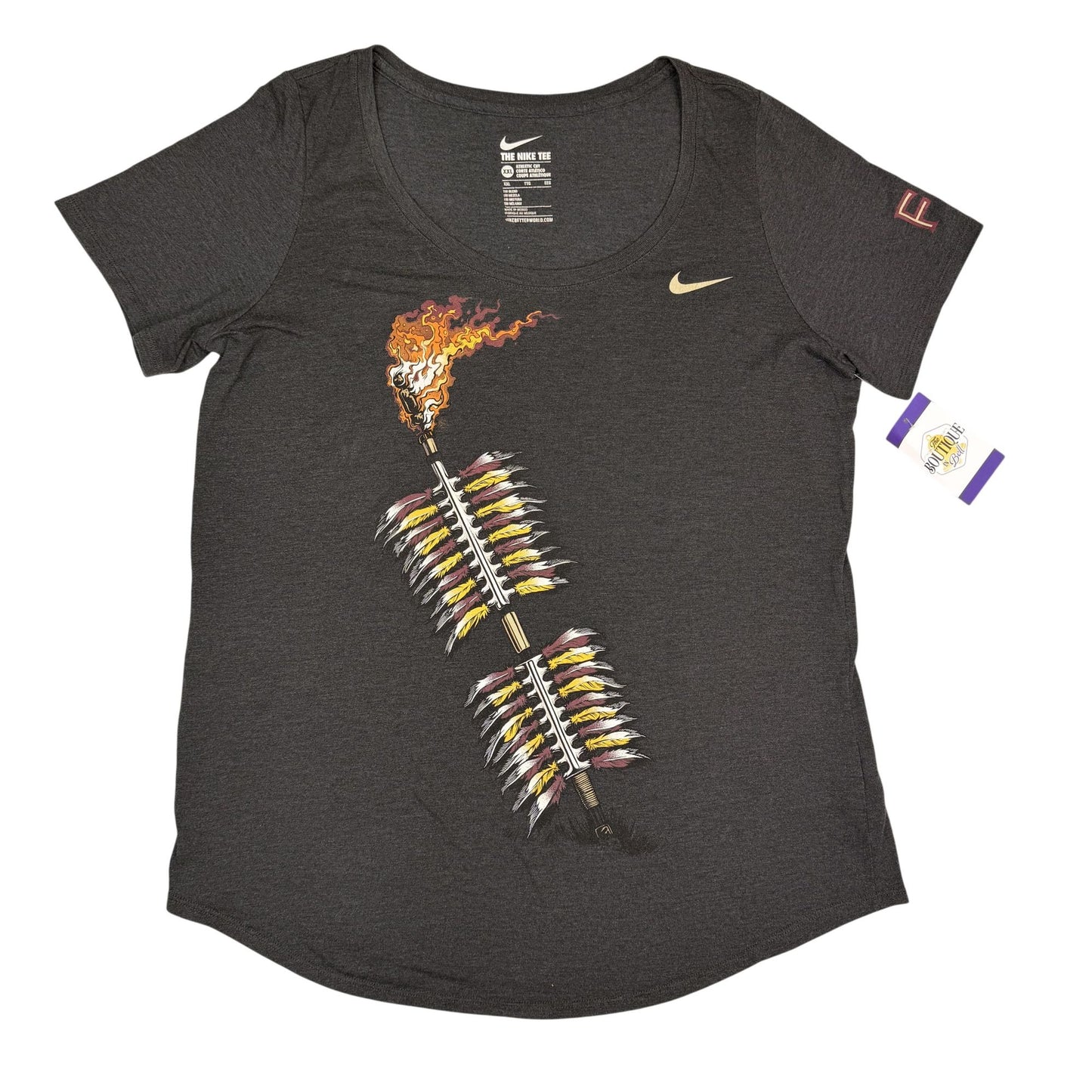Nike Womens 2X FSU Seminoles Graphic Tee Gray Athletic Cut Flaming Spear