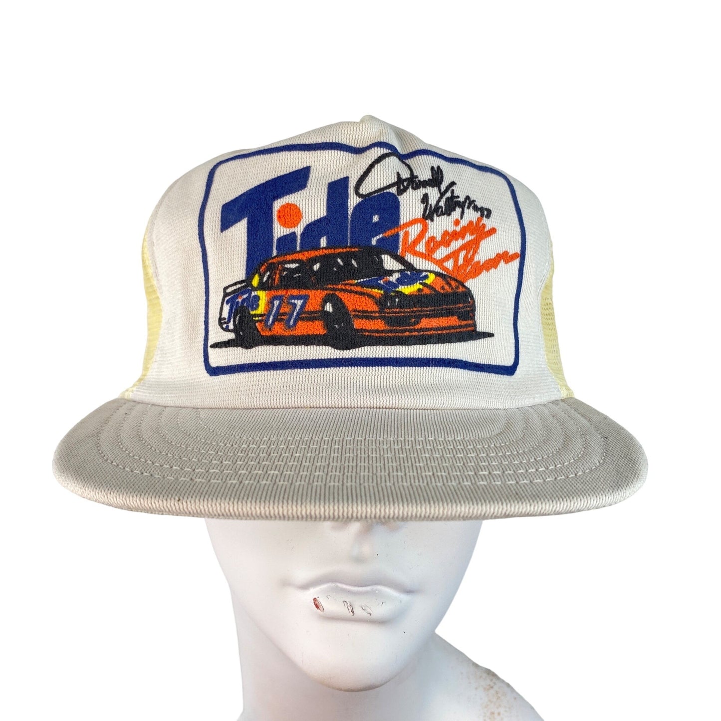 Vintage Darrel Waltrip Trucker Hat Cap Snapback USA Tide Racing Puffy Print Mesh