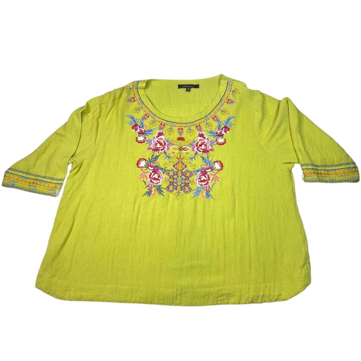 Calessa Womens 3X Tunic Top Lime Green Floral Embroidered Boho Shirt 3/4 Sleeve