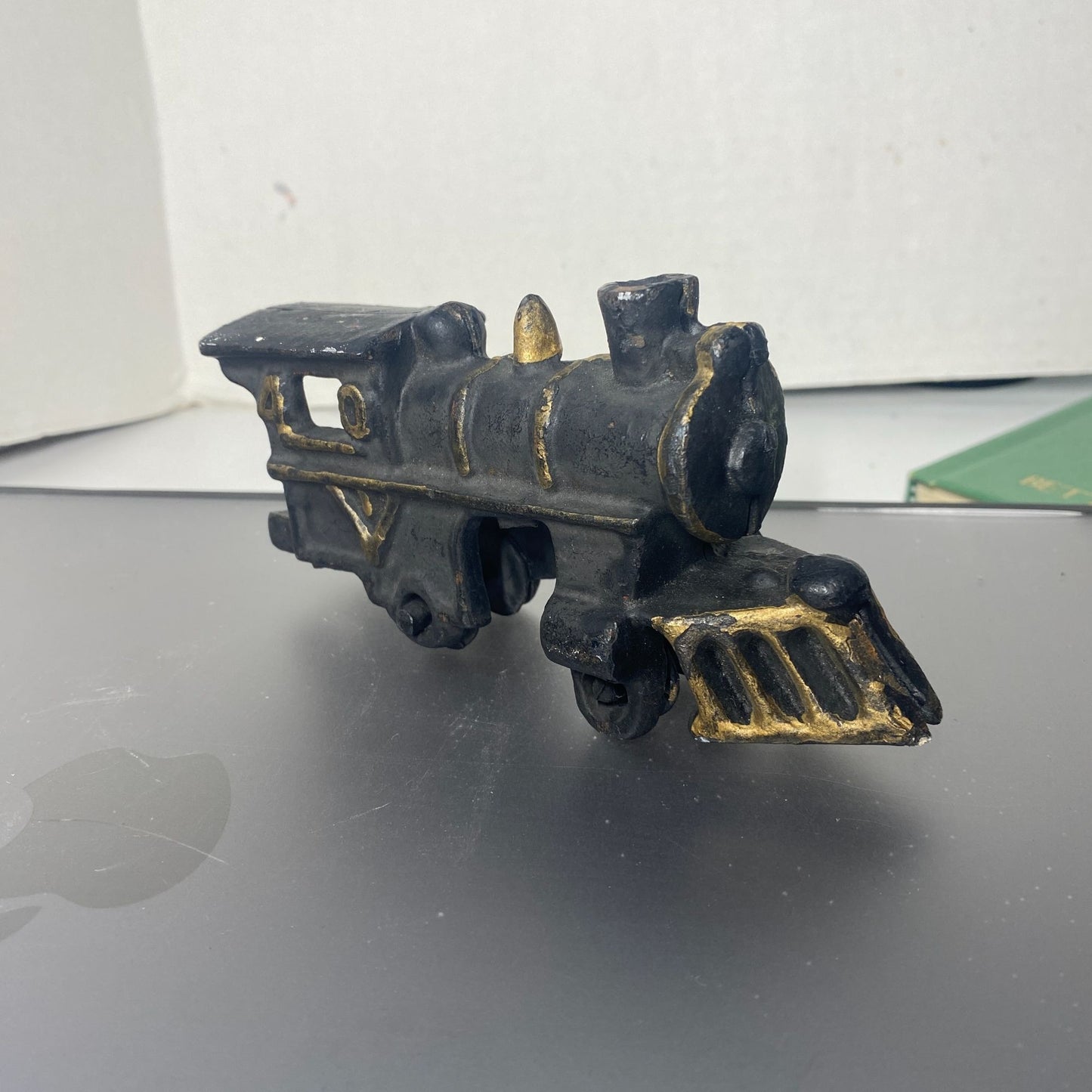 Vintage Cast Iron Train Engine #40 Black Gold Cow Catcher Rolling Wheels