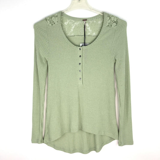 NWT Poof S Sage Green Boho Top Waffle Knit Lace Long Sleeve Round Neck High Low