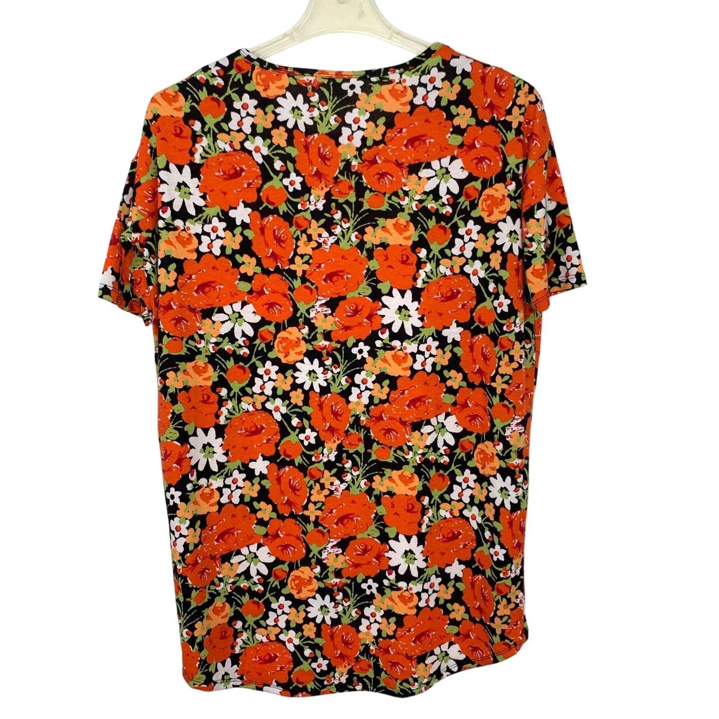 LuLaRoe XS Tunic Top Short Sleeve Shirt HiLo Hem Scoop Black Orange Floral Print