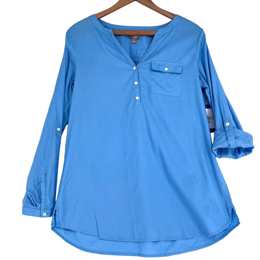 J Jill S Blue Blouse Vneck 1/4 Button Pullover Roll Tap Sleeve Cotton Tunic Top