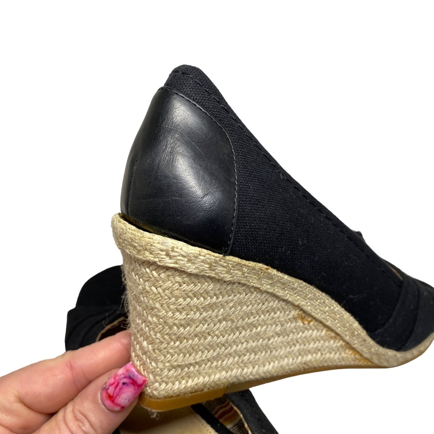 MICHELLE D 7.5 Black Espadrille Womens Open Toe Wedge Heels