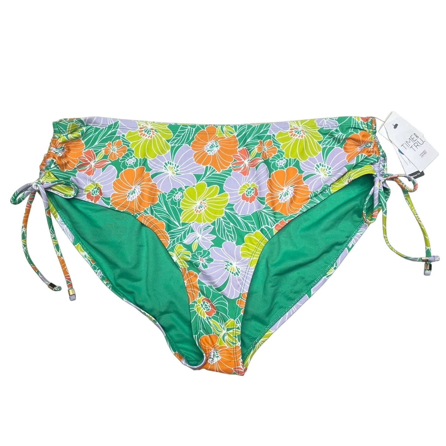 NWT Time and Tru 1XL Floral String Bikini Mid Rise Bottoms Green Bright Swimwear