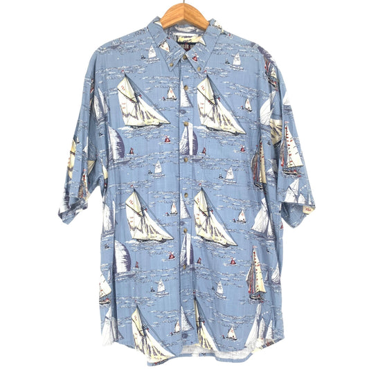 Keeler Bay XL Nautical Print Sail Boats Button Front Pocket Collar Short Sleeve